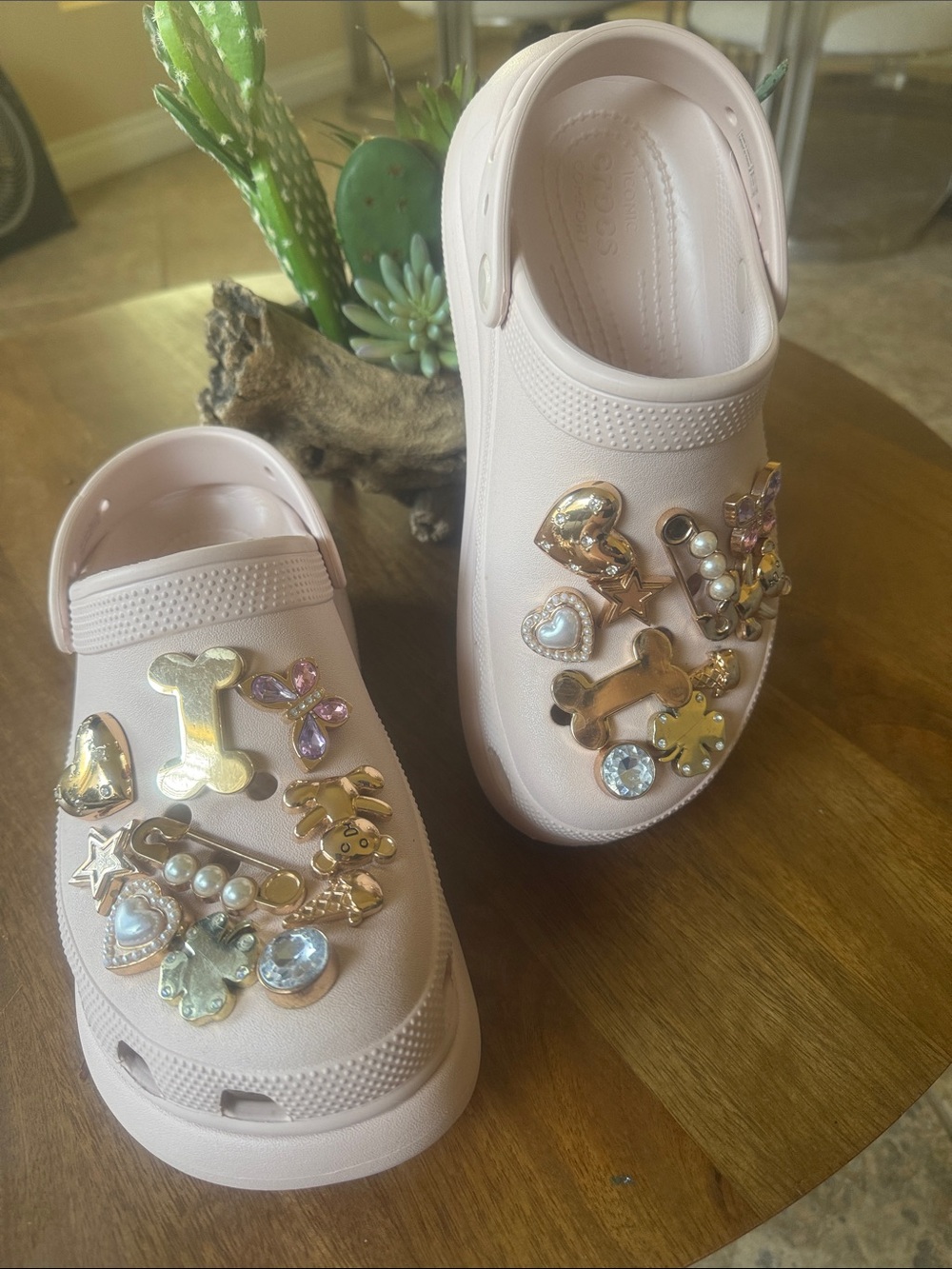 CROCS Women  Pale Pink Clog Sandals with Gold and Pearl Charms